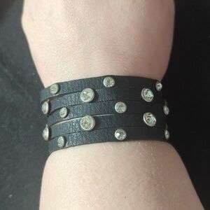 Silver Tone Black Faux Leather Clear Rhinestone Statement Bracelet